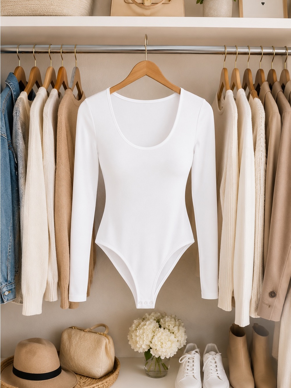 White Long-Sleeve Scoop Neck Bodysuit - Women Tops